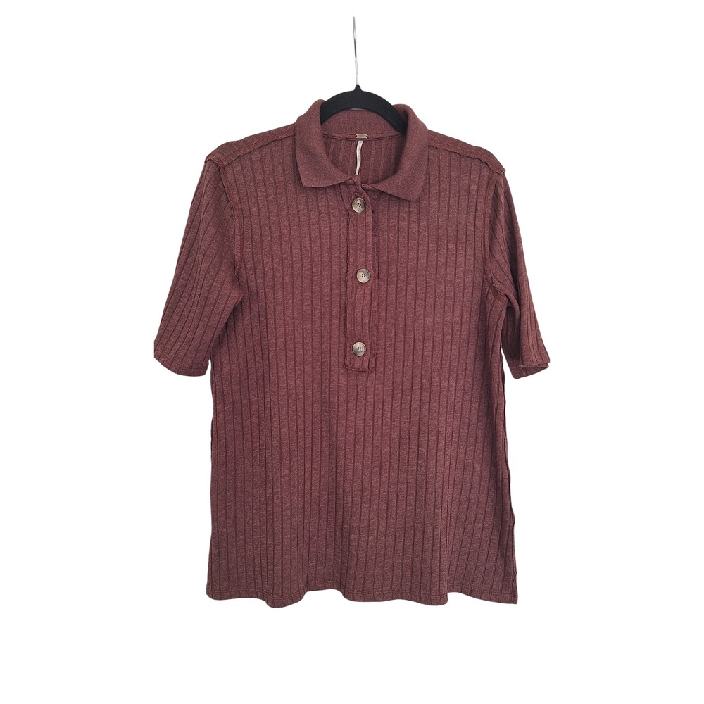Free People Womens Ribbed Polo Henley Short Sleeve Top Burgundy Mauve Small